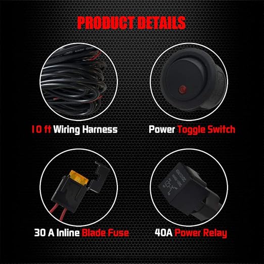 Ampper 4 Lead Wiring Harness for LED Rock Lights, LED Rock Light Pod Wiring Harness Kit with 2 Extension Wires, Relay, Fuse and Switch