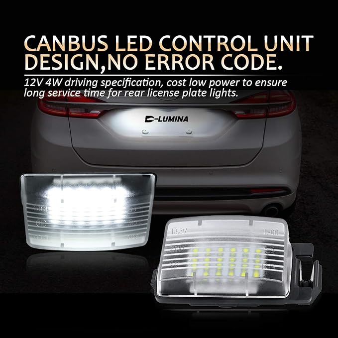 D-Lumina LED License Plate Light Lamp Assembly Replacement Compatible with Nissan 350Z 370Z GT-R Versa Cube Leaf Sentra Infiniti Q40 Q60 G25 G35 G37, Powered by 18-SMD 6000K White Pack of 2