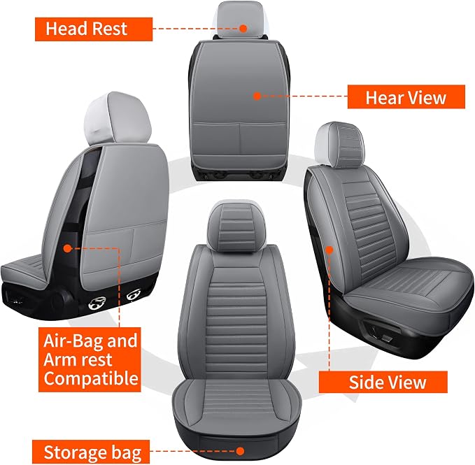 HChengkikz Car Seat Cover, Faux Leather, Waterproof (Gray) | Breathable, Airbag Compatible, Easy Maintenance, Universal Fit for Most Sedans SUVs Pick-ups Trucks