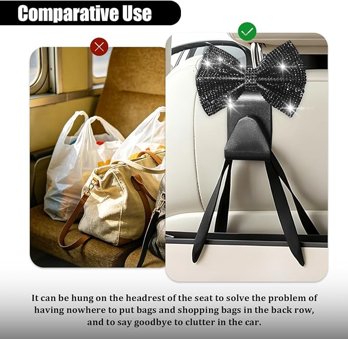 2PCS Bling Bow Headrest Hooks, Car Seat Bag Hangers, Black | Pvc and rhinestone construction, butterfly bow decoration, rear seat storage, bag and coat hanging, car interior accessories