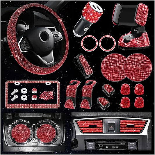 Osilly 27PCS Bling Car Accessories Set for Women, 15 Inch Reinestone Crystal Steering Wheel Covers License Plate Frame USB Charger Phone Holder Coasters, Vehicle Decorations, Universal Fit（Red）