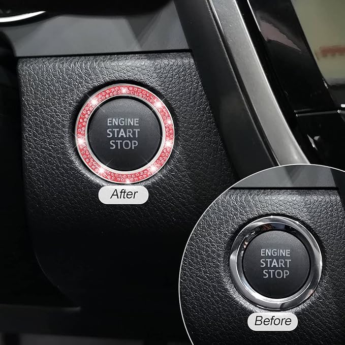 Car Bling Crystal Rhinestone Engine Start Ring Decals, 2 Pack Car Push Start Button Cover/Sticker, Key Ignition Knob Bling Ring, Sparkling Car Interior Accessories for Women (Red)