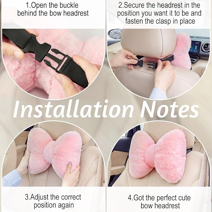 Macarrie 2 Pcs Pink Car Neck Pillow Imitation Rabbit Fur Bow Pillow | Soft Comfortable Seat Headrest Support, Cute Bow Car Accessories, Driving Travel Driver Chair Girl Interior Decor, Solid