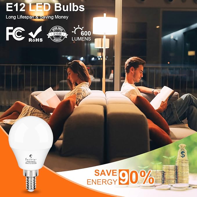 A15 Ceiling Fan Light Bulbs, E12 Base, 6Watt (60-Watt Replacement), Soft White 2700K, Non-Dimmable, Candelabra Base LED Light Bulb, 6 Pack