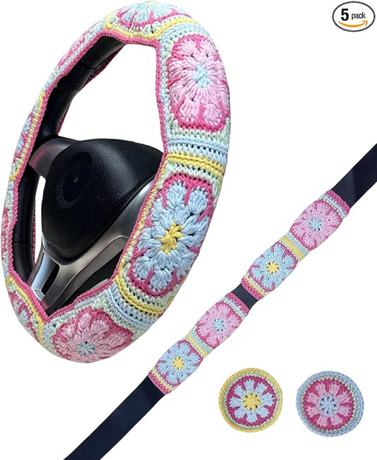 Handmade Crochet Pink Fower Granny Square Car Steering Wheel Covers Universal 14-15 inch for Women and Men (Steer Wheel Cover+ 2 Belt Cover+2 Coaster)