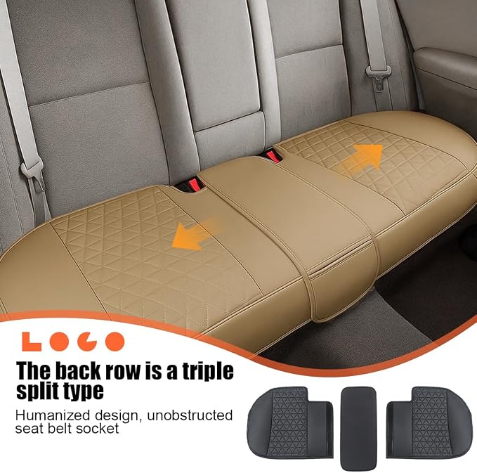 Leather Car Seat Cover, Vehicle Rear Bottom Seat Protector Pad, Full Surrounded Waterproof Auto Seat Protective Cushion with Storage Pocket, Universal Fit（Beige）