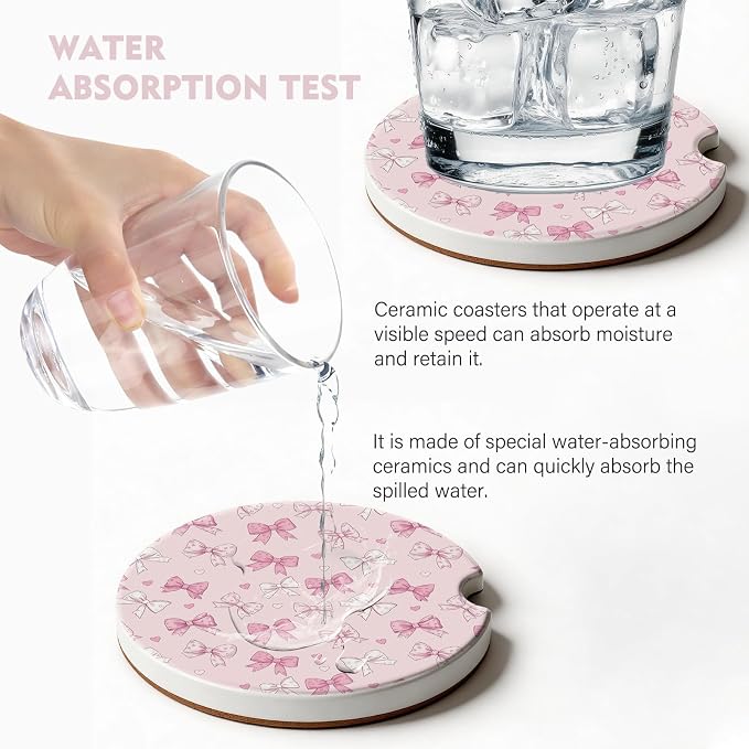 2 Pack Car Coasters for Cup Holders, Absorbent Ceramic Cup Coaster with Cork Base and Finger Notch, Cute Car Accessories Interior for Women Men