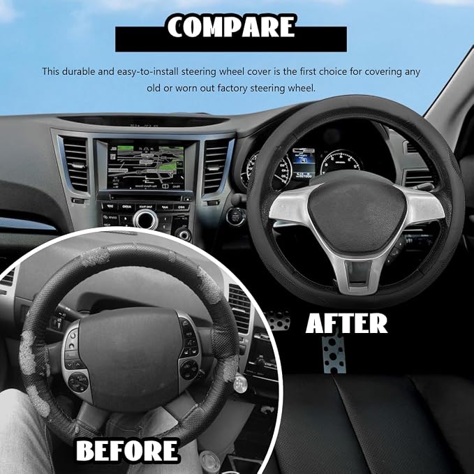 Microfiber Leather Steering Wheel Cover, Breathable Steering Wheel Protector with Anti-Slip Inner Ring, Universal 14.5"-15" Car Wheel Cover Auto Interior Decor for Men Women (Black)