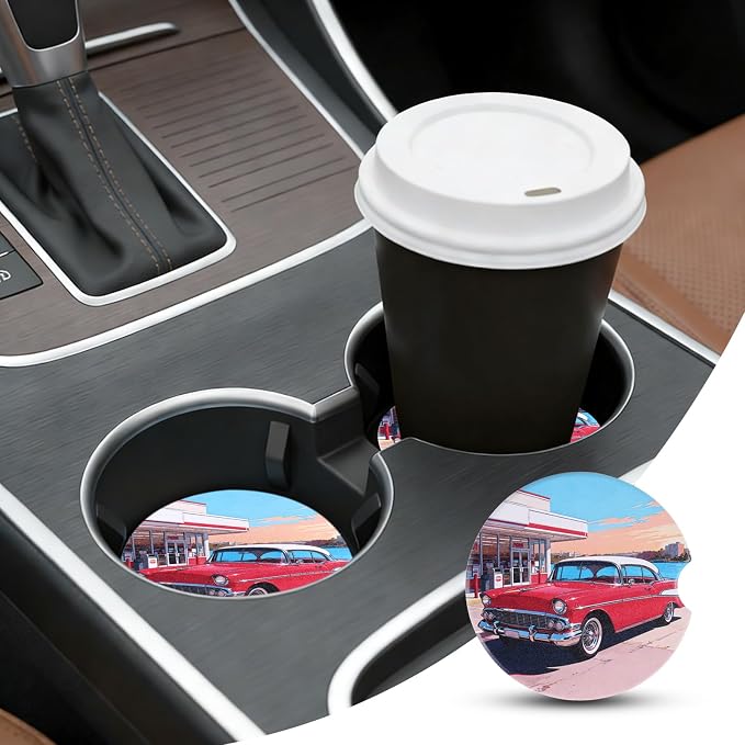 2 Pack Car Coasters for Cup Holders, Absorbent Ceramic Stone Cup Coaster with Non-Slip Cork Base&Finger Notch, Vintage Classic Red Car Gas Station Auto Interior Accessories, Universal 2.59 in