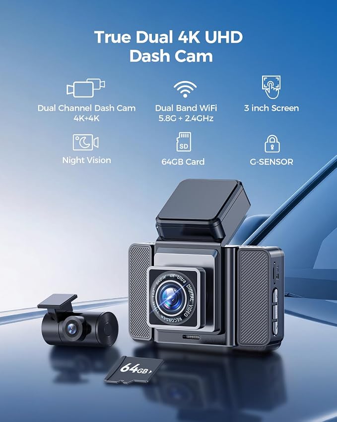 4K+4K Dash Cam Front and Rear, STARVIS SensorsFree 64GB Card,Support 256GB Max,5.8GHz WiFi Dash Camera for Cars,140°Wide Angle,3" IPS Screen, Dash Camera for Cars with 24/7 Parking Mode