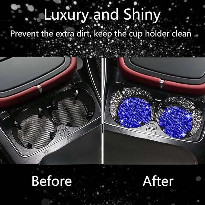 NBTEPEM 4pcs Bling Car Cup Holder Coaster, 2.75 inch Anti-Slip Shockproof Universal Fashion Car Coasters Insert Bling Crystal Rhinestone Automotive Interior Accessories for Women (Blue)