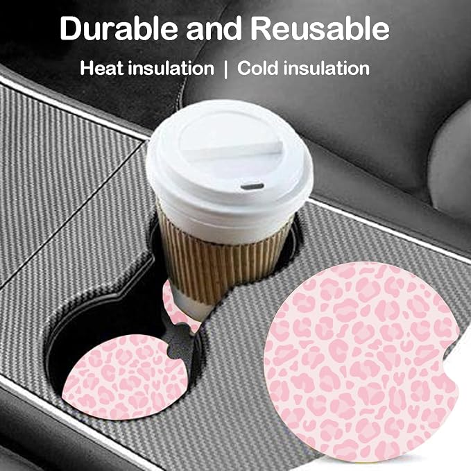 Ceramic Car Coasters – Absorbent Car Cup Holder Coaster Set for Women, Cute Aesthetic Car Accessories for Girls, 2 Pack (Raspberry Pink)