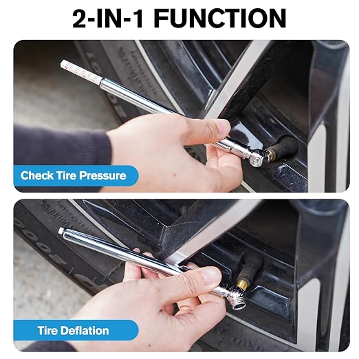 Pencil Tire Pressure Gauge 2 Pack, 10-75PSI Air Pressure Gauge with Tire Caps, Stainless Steel Body, 3 Measurements (±2% Span) for Cars, RVs, Bicycles