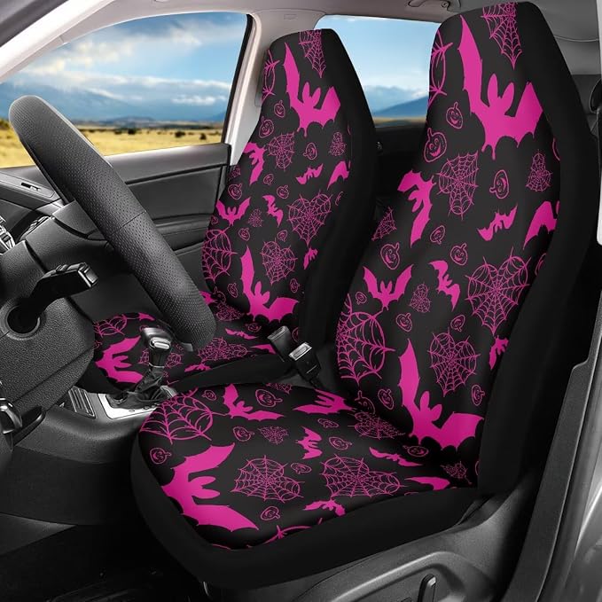 Pink Bats Car Seat Covers for Front Seats, Spider Web Breathable Seat Protectors, Set of 2, Universal Fit for Most Cars, SUVs and Sedans