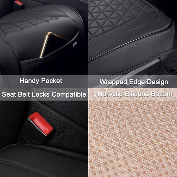Black Panther 1 Pair Front Seat Covers Luxury Faux Leather Bottom Seat Cushions, Anti-Slip and Wrap Around The Bottom, Fit 95% of Vehicles - Black