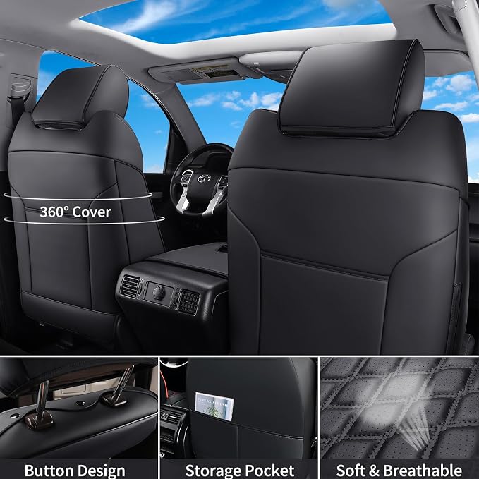 Huidasource Tacoma Seat Covers Full Set, Full Coverage Leather Truck Seat Cushion Cover Custom Fit for 2005-2015 Double & Crew Cab 2nd Gen Toyota Tacoma Base Prerunner SR5 Limited(Full Set/Black)