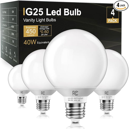 TJOY G25 LED Globe Light Bulbs, Vanity Light Bulb for Bathroom 40W Equivalent, 5000K Daylight White E26 Base, Round Decorative Bulb for Vanity Makeup Mirror, CRI85+, 450LM, Non-Dimmable, UL, 4 Pack