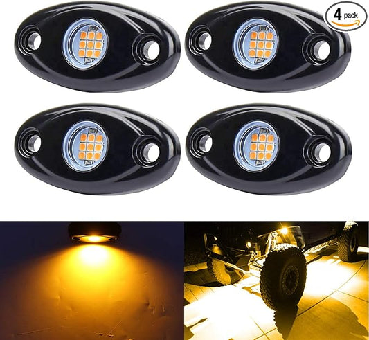 Yellow Amber Underglow Led Rock Lights for Car Wheel Well Lights 12V 4Pods | Waterproof Underbody Kit Crawler Crawling Dome Exterior Lamps for ATV RZR UTV SUV Off-Road Motorcycle Glow Trail Rig Fender