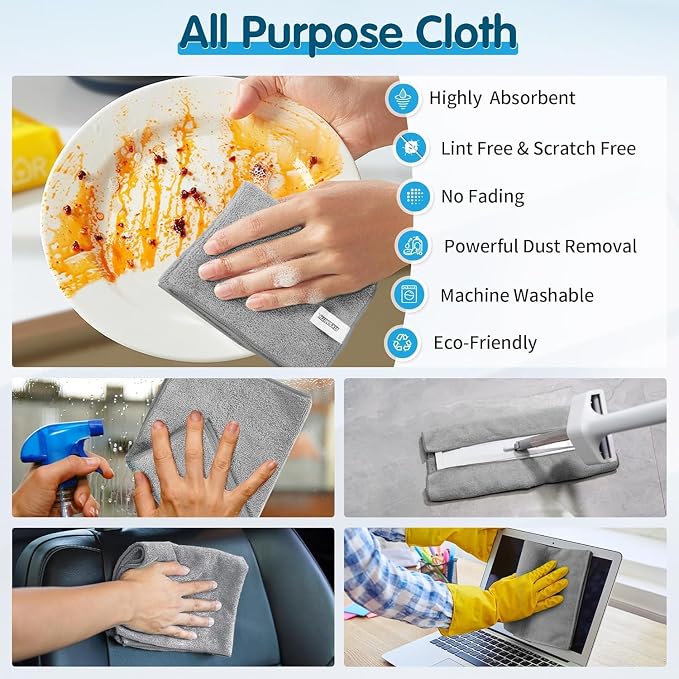 FIXSMITH Grey Microfiber Cleaning Cloth -Pack of 24, Highly Absorbent Cleaning Rags, 16"X12" All Purpose Cleaning Towels for Housekeeping, Kitchen, Car, Lint Free and Reusable Microfiber Towels
