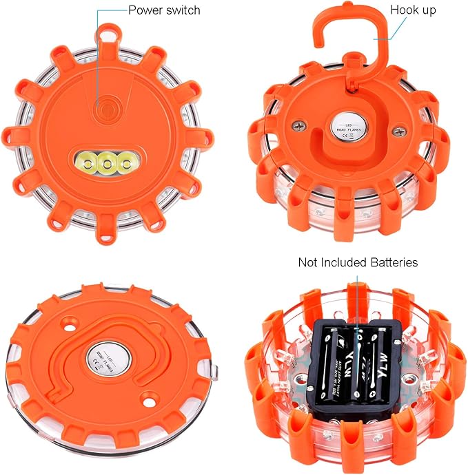 AK LED Road Flares Safety Flashing Warning Light Roadside Emergency Disc Beacon Kit for Vehicles Boats with Magnetic Base & Hook 1 Pack (Batteries Not Included)