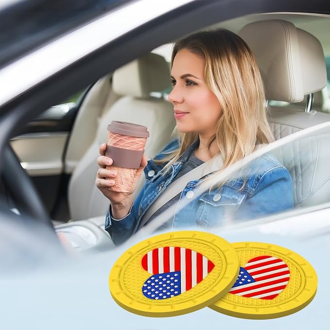 AUCELI 4 Pack Car Cup Holder Coasters, Colored American Flag US Flag Insert Car Cup Coaster, 2.75 Inch Anti Slip Shockproof Embedded Drink Mat, Vehicle Interior Decor Accessories