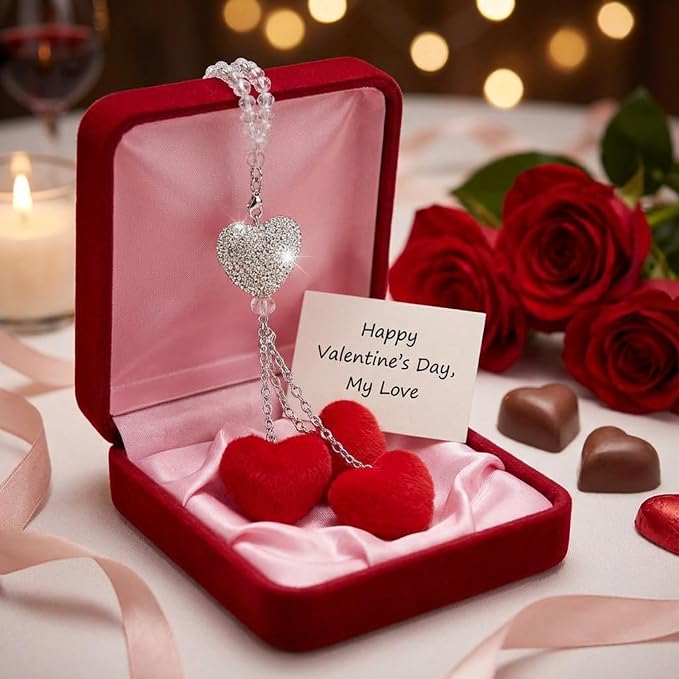 Frienda Red Car Rear View Mirror Accessories for Women Bling Heart Shaped Rhinestone Hanging Charm Sparkly Rear Mirror Ornament Pendant Gift for Girlfriend Wife Female Drivers Car Interior Decoration