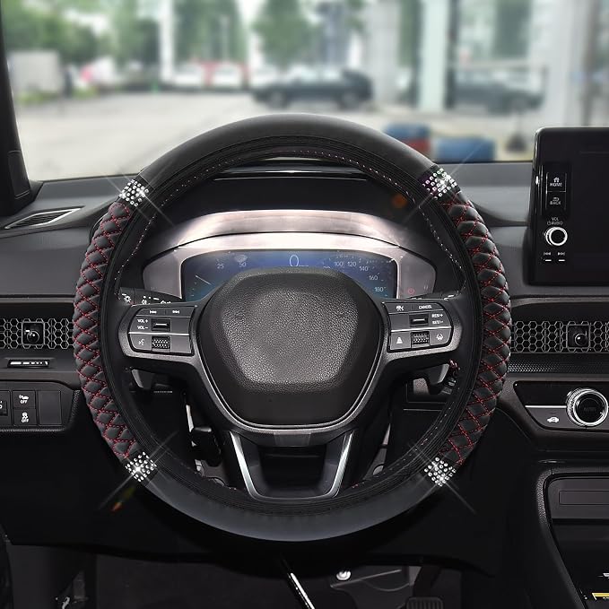 Bling Soft Leather Steering Wheel Cover, 15 Inch Colorful Rhinestones Auto Elastic Steering Wheel Protector for Women Girls, Car Accessories Anti Slip Steering Wheel Cover for Cars, SUVs (Black red)