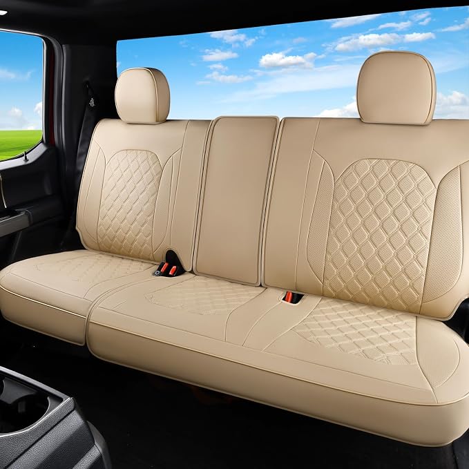 Huidasource F250 Rear Seat Covers, Beige Leather Back Seat Cushion Cover Fit for Ford F150 2015-2026&F250 F350 F450 2017-2026 Crew Cab XL XLT Lariat King Ranch Platinum, Split Rear Seat Cover