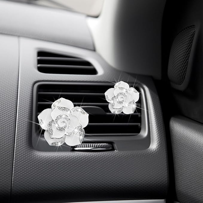 Osilly Bling Car Air Vent Clips, 4PCS/2Set Flower Rhinestone Vehicle Air Outlet Clamp, Sparkly Diamond Automotive Interior Vent Clip Charm Decor Accessories, Universal for SUV Truck RV (White)