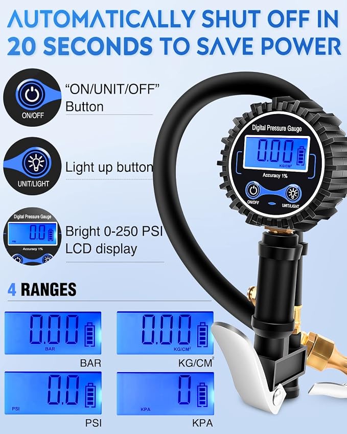 Nilight Digital Tire Inflator Deflator with Pressure Gauge 250 PSI Heavy Duty Air Chuck Compressor Attachments with Rubber Hose & Quick Connect Coupler 0.1 Display Resolution for Car Truck SUV RV