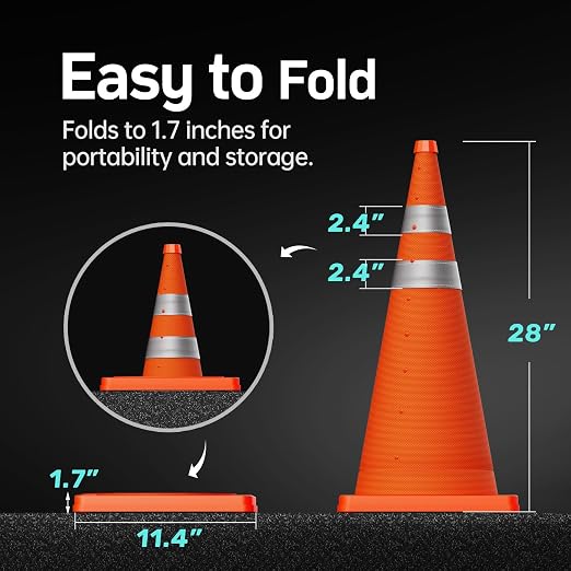 BATTIFE 28 Inch Collapsible Traffic Safety Orange Cones, Multi Purpose Pop-up Cones and Reflective Collar, for Road Parking, Driving Practice [1 Cone]
