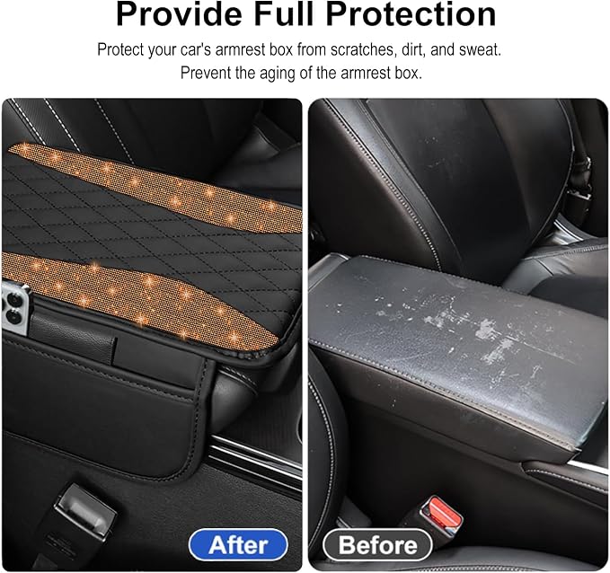 NBTEPEM Bling Car Center Console Cover, Leather Middle Console Cover with 2 Storage Bags, Universal Arm Rest Cover Protector, Bling Car Accessories Interior Fit for Most Vehicles, Orange Diamond