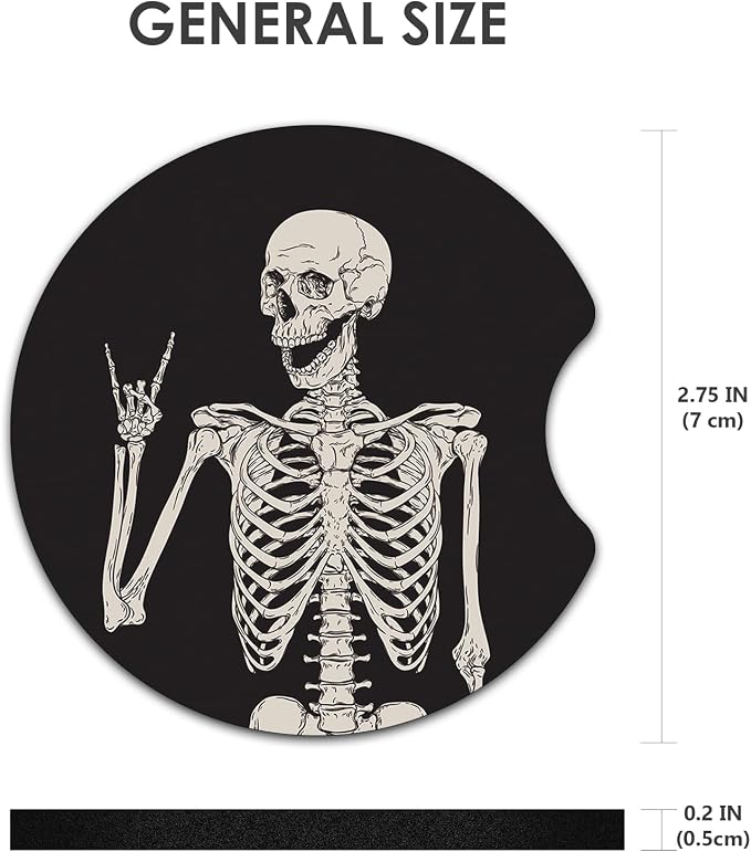 2 Pack Car Coasters，2.75-inch Neoprene Non-Slip Cup Holder Coasters for Car，Cute Car Interior Accessories for Men and Women，Skeleton