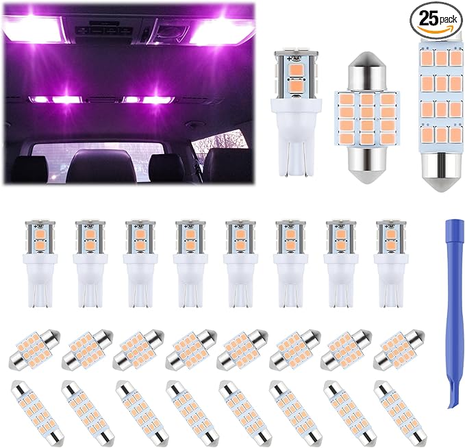 iFunyLED 24 Pieces Dome Light LED Car Interior Bulb Kit Set 194 T10 DE3175 578 31mm 42mm Bulbs Interior Replacement Lights for Car Map License Plate Door Side Marker Cornering Trunk Light - Purple