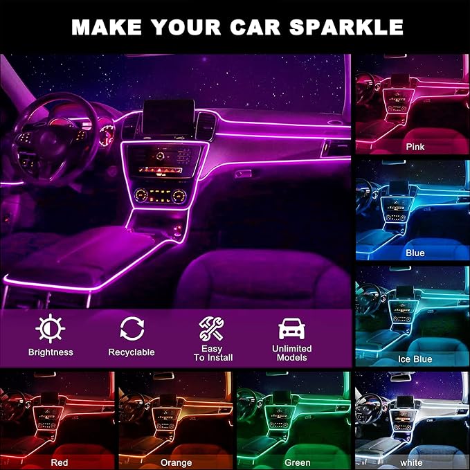 Interior Car Ambient Lighting Neon Kit for Center Console Dashboard Gap | 1 To 2, with 16.4ft Ultrathin Fiber Optic, High Bright, Multicolor, USB interface, Music Sync, Multiple Modes, Universal