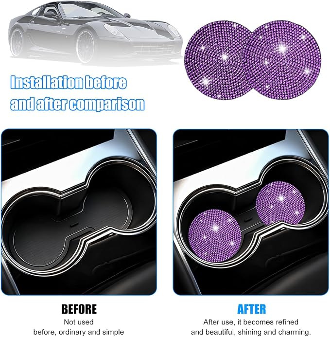 8PCS Bling Car Accessories Set, Sparkly Rhinestone Vehicle Steering Wheel Seat Belt Gear Shift Start Stop Button Cover, Diamond Auto Cup Holder Coaster Decoration, Universal Fit (Purple)