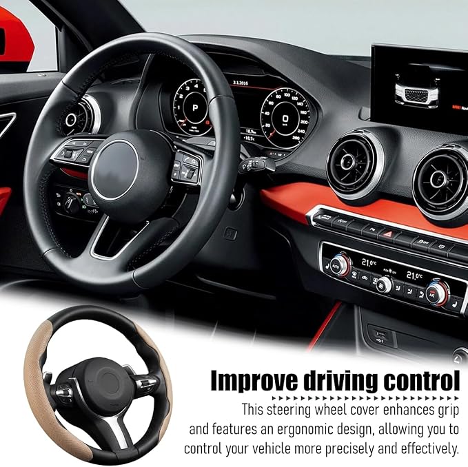 2PCS Car Steering Wheel Cover, 14.5-15" Breathable Nappa Leather Segmented Steering Wheel Protector with Non-Slip Grip, Stylish Auto Interior Decor Accessories, Universal for Vehicles (Beige)