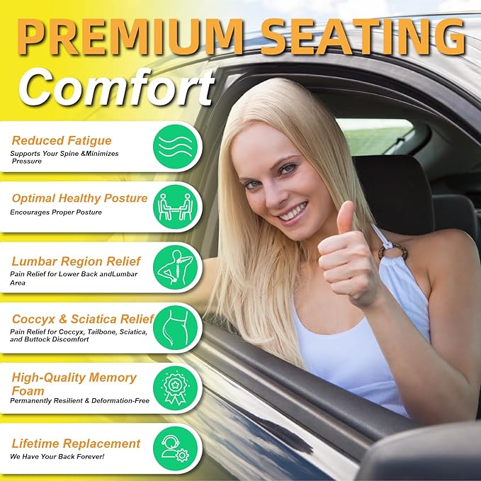 kingphenix Car Seat Cushion with Back Support Pillow, Memory Foam, Gray | Memory Foam Car Cushion for Long Driving, Truck, Office Chair, Tailbone and Lower Back Support