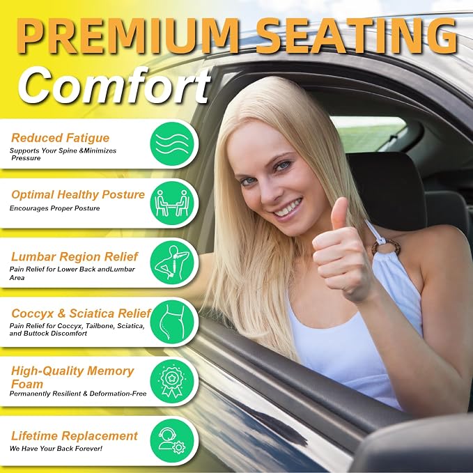 kingphenix Car Seat Cushion with Back Support Pillow, Memory Foam, Brown | Memory Foam Car Cushion for Long Driving, Truck, Office Chair, Tailbone and Lower Back Support