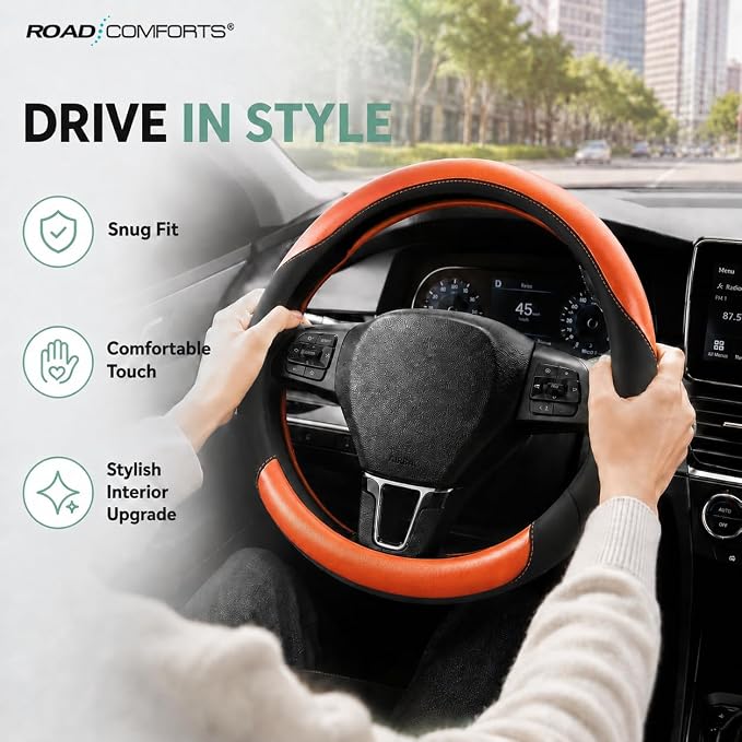 Road Comforts Steering Wheel Cover – Breathable Leather Steering Wheel Cover, Anti-Slip Grip, Universal Fit 14.5” to 15”, Heat & Cold Resistant for Cars, SUVs, and Trucks – Black & Shining Orange