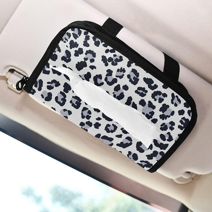 Grey Leopard Print Car Tissue Holder Durable Napkin Holder Hanging Tissue Holders Case Car Tissues Bag for Sun Visor Seat Back Universal Auto