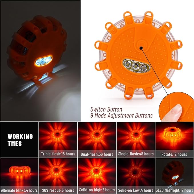HEIGPAN GP904B Rechargeable LED Road Flares Emergency Lights Kit Roadside Warning Car Traffic Safety Beacon Flashing Disc Flare 9 Modes Strobe with Magnetic Base for All Vehicles，4 Pack