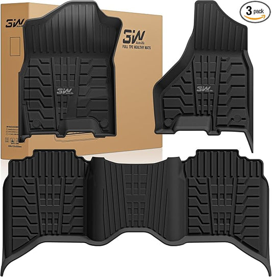 3W Floor Mats for 2019-2025 2026 Ram 2500/3500 Crew Cab with Bucket Seat (Not for PTO KIT Models), All Weather TPE Custom Fit Dodge Ram 2500/3500 Floor Liners 1st & 2nd Row (for Carpet Floor), Black