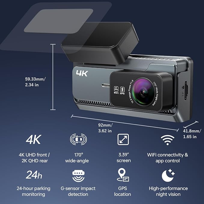 4K+2K Dash Cam Front and Rear, 5G WiFi GPS, 32GB Card, 3.39" Screen | True 4K丨Dual Cameras丨Instant Sharing丨GPS Tracking丨Quick Installation丨Critical Moments丨24/7 Protection