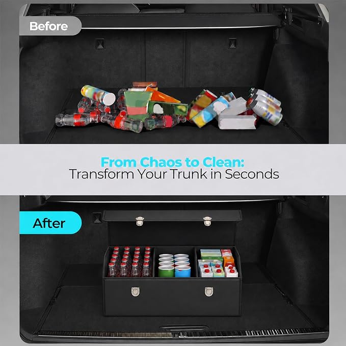 Car Trunk Organizer with Lid, Foldable Faux Leather Storage Box | Foldable design, faux leather exterior, 3 compartments