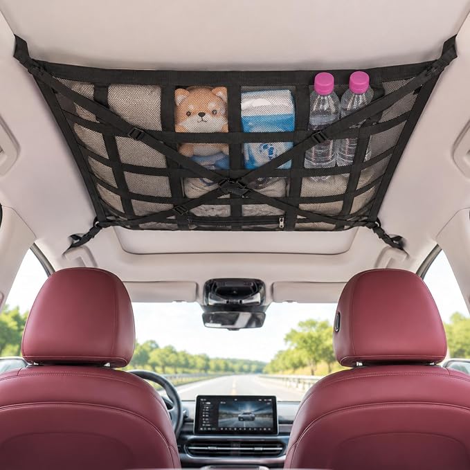 Car Ceiling Cargo Net, 31.5"x20.9" Double-Layer Overhead Roof Storage Organizer for SUV Truck Van, Camping Storage Mesh Net for Travel Road Trips, Van Life Essentials