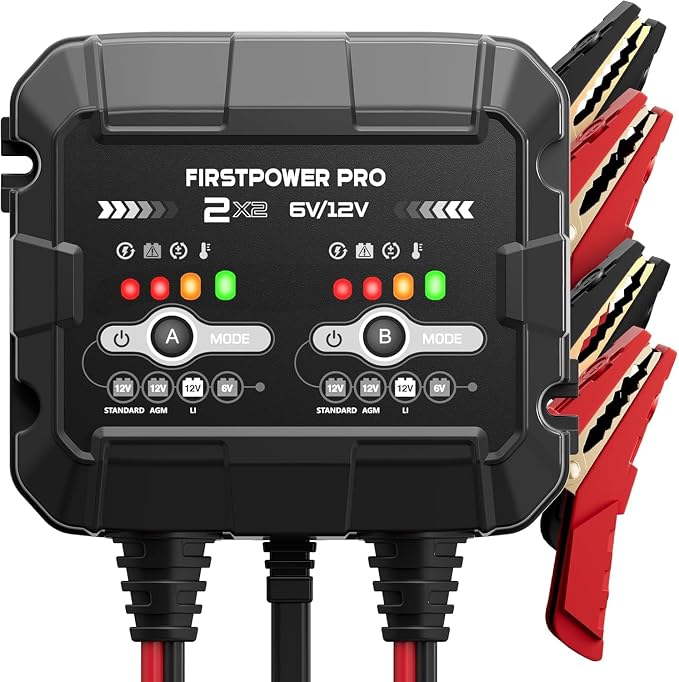 2-Bank, 4A (2A/Bank) Trickle Charger for Car Battery, 12V 6V Car Battery Charger, Automotive Battery Trickle Charger, Maintainer, for Motorcycle Lawn Mower AGM, Lithium Batteries