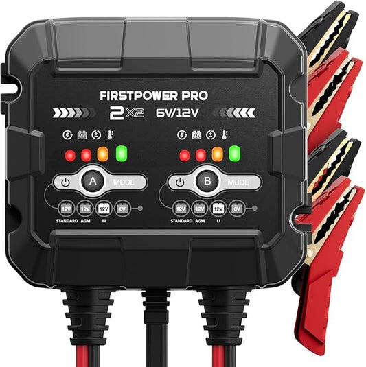 2-Bank, 4A (2A/Bank) Trickle Charger for Car Battery, 12V 6V Car Battery Charger, Automotive Battery Trickle Charger, Maintainer, for Motorcycle Lawn Mower AGM, Lithium Batteries