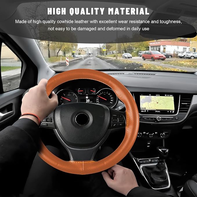 Genuine Leather Steering Wheel Cover, 15 Inch Stitch on Steering Wheel Protector with Needle & Thread, Anti-Slip DIY Sewing Wheels Wrap for Most Vehicles (Brown, Full Hole)