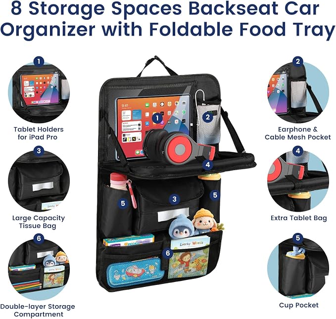 MoKo Car Organizer Back Seat, Backseat Car Organizer with Foldable Table Tray, 8 Pockets, Back Seat Organizer with Transparent Tablet Pocket for Road Trip, 600D Oxford Cloth, 1 Pack, Black